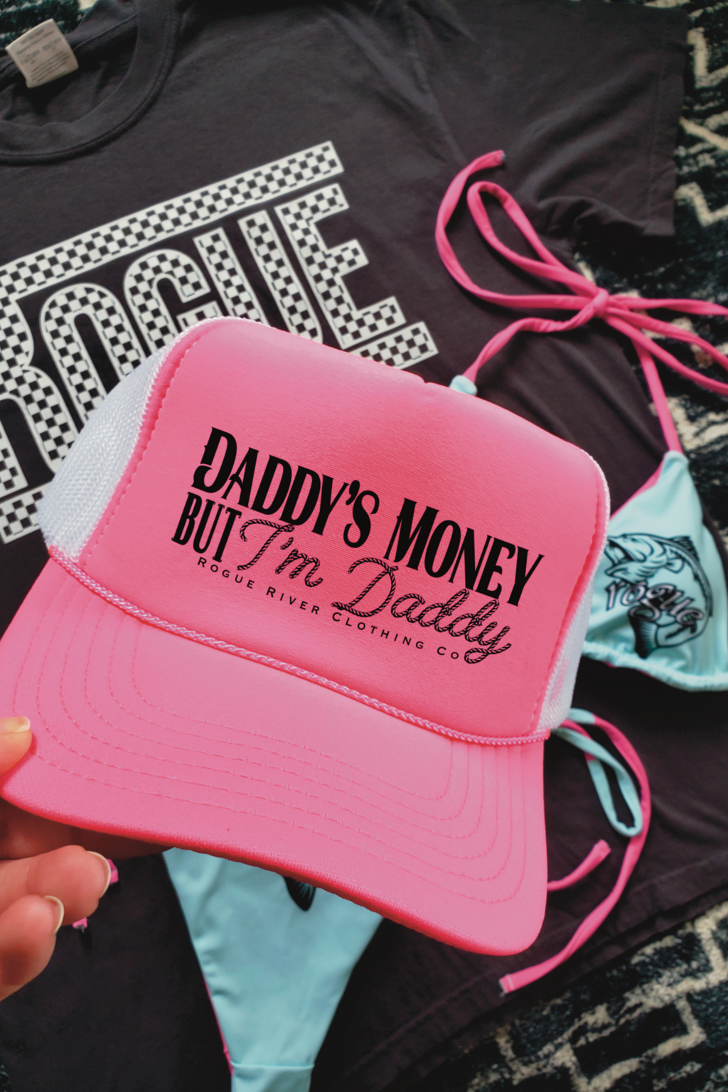Daddy's Money Trucker Hat Pink/White
