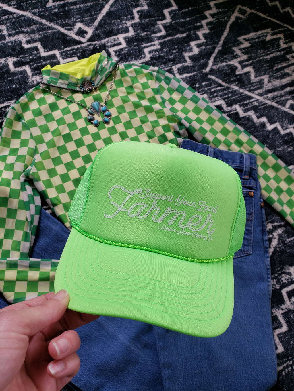 Support Local Farmer Trucker Hat Neon Green