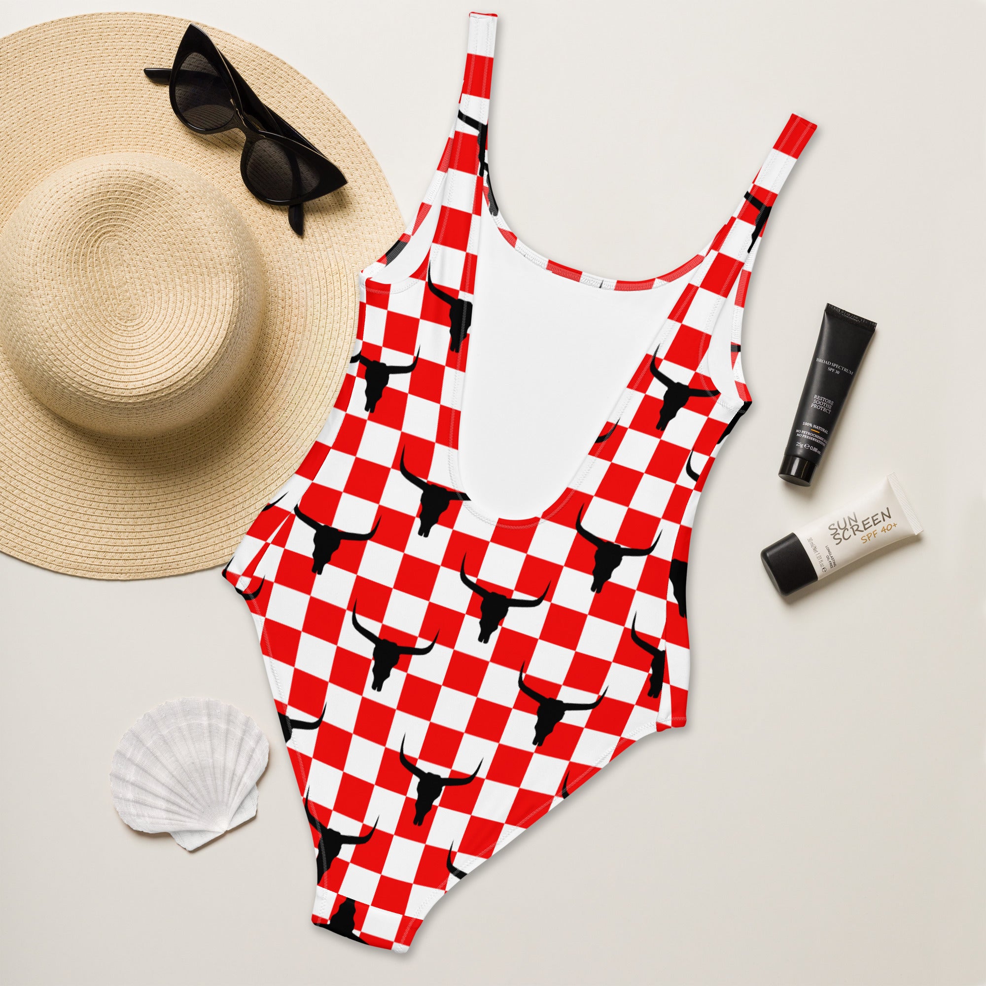 Red Check Longhorn One Piece Swimsuit