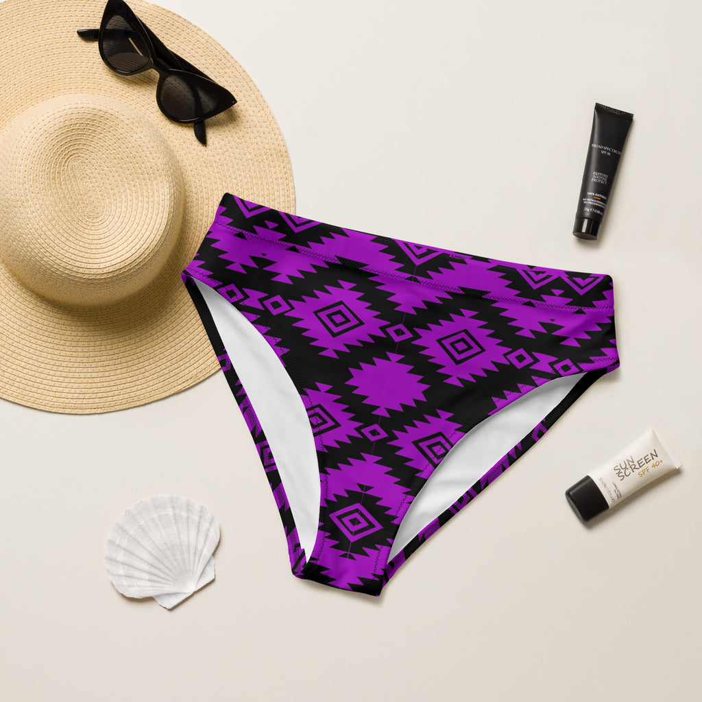 Purple & Black Aztec High Waist Bikini Bottoms